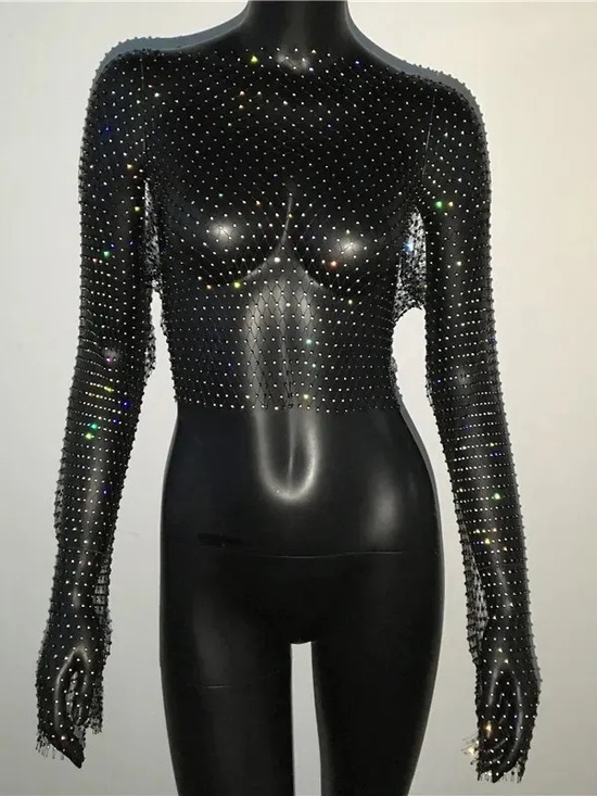 Tops - NWOT Long-Sleeve Rhinestone Mesh Top ( Full Length) One Size 🪩